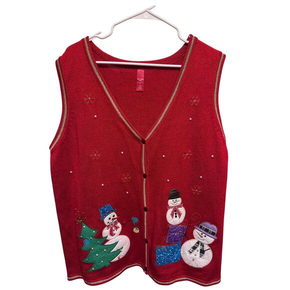 Ugly Christmas Sweater Vest Red Snowman Gold Pearls Plus Size 2X (20) - Picture 1 of 10